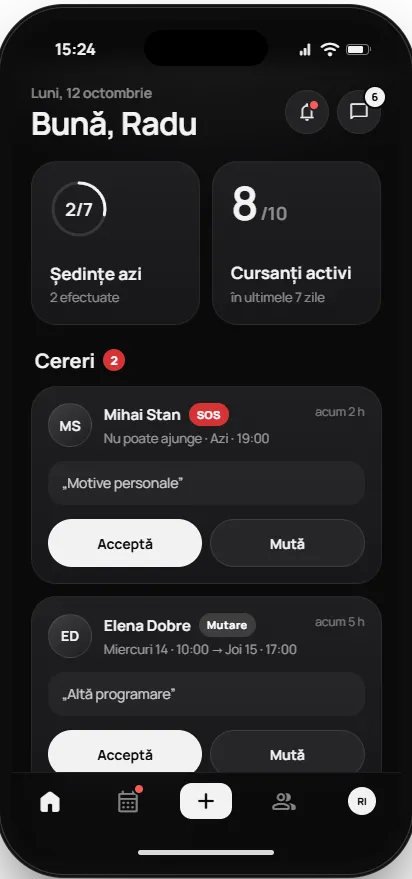 CoachXO: ecranul Acasă al antrenorului, cu cererile cursanților