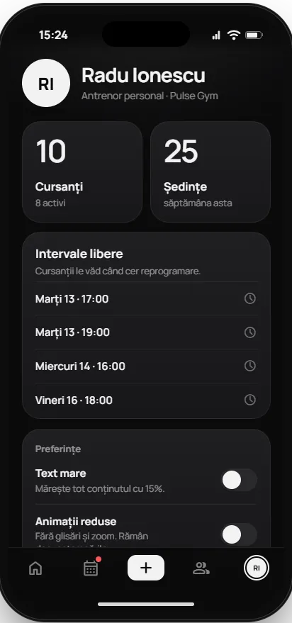 Profilul antrenorului, cu preferințele Text mare și Animații reduse